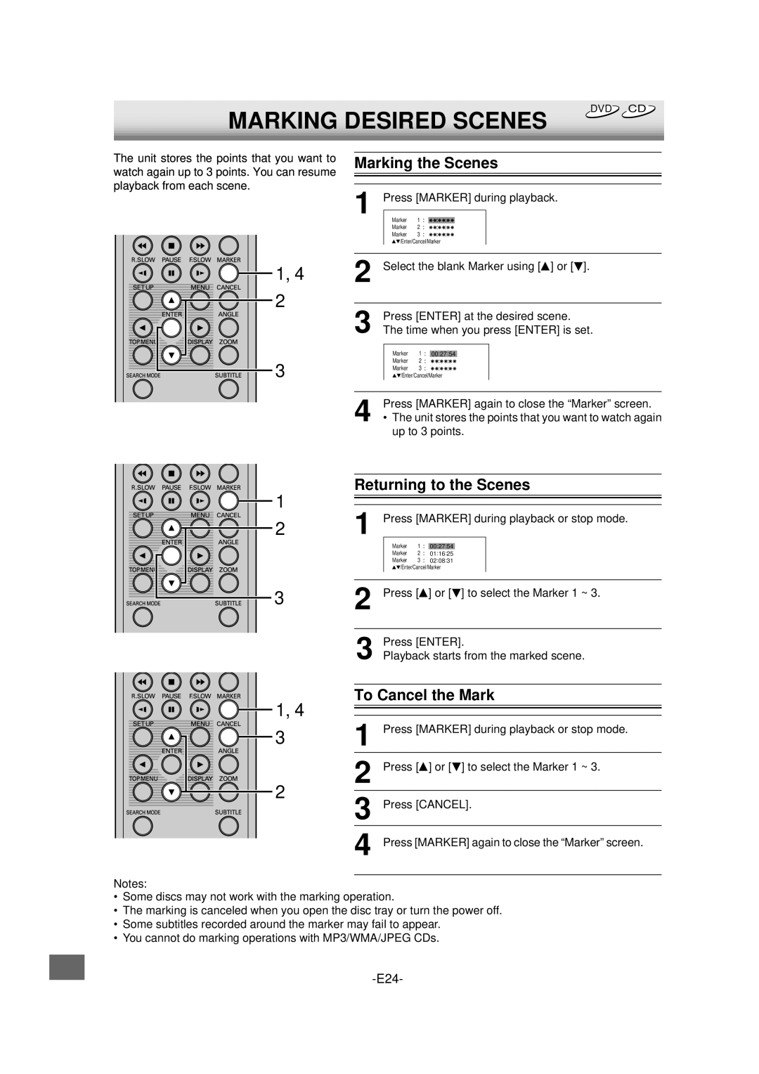 Sanyo DVD-L70 instruction manual Marking Desired Scenes, Marking the Scenes, Returning to the Scenes, To Cancel the Mark 