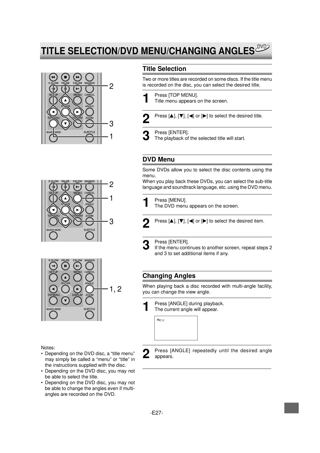 Sanyo DVD-L70 instruction manual Title SELECTION/DVD MENU/CHANGING Angles DVD, Title Selection, Changing Angles 