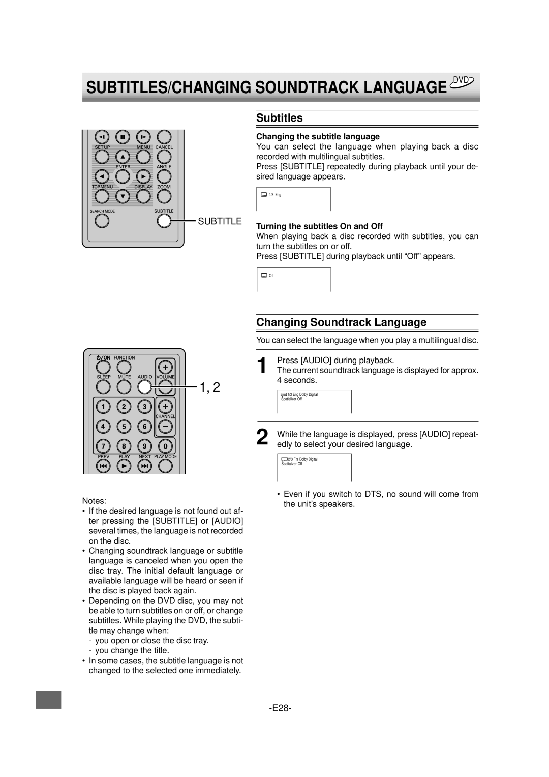 Sanyo DVD-L70 Subtitles, Changing Soundtrack Language, Changing the subtitle language, Turning the subtitles On and Off 