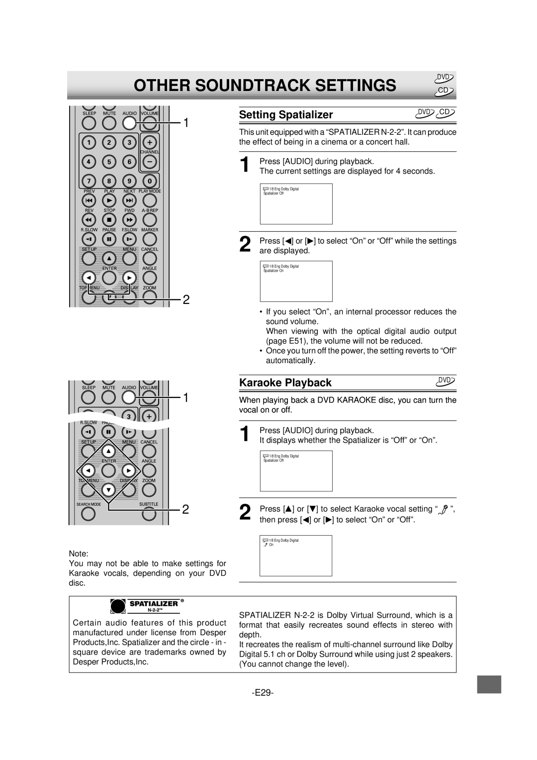 Sanyo DVD-L70 instruction manual Other Soundtrack Settings, Setting Spatializer, Karaoke Playback 