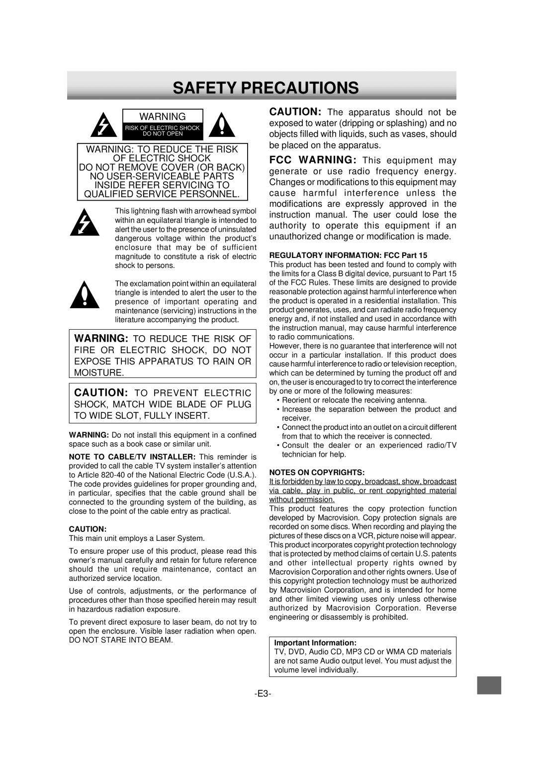 Sanyo DVD-L70 instruction manual Safety Precautions, Regulatory Information FCC Part, Important Information 