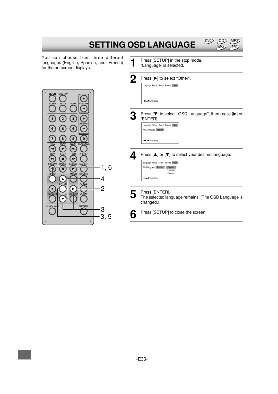 Sanyo DVD-L70 Setting OSD Language, Press To select OSD Language, then press or, Press or to select your desired language 