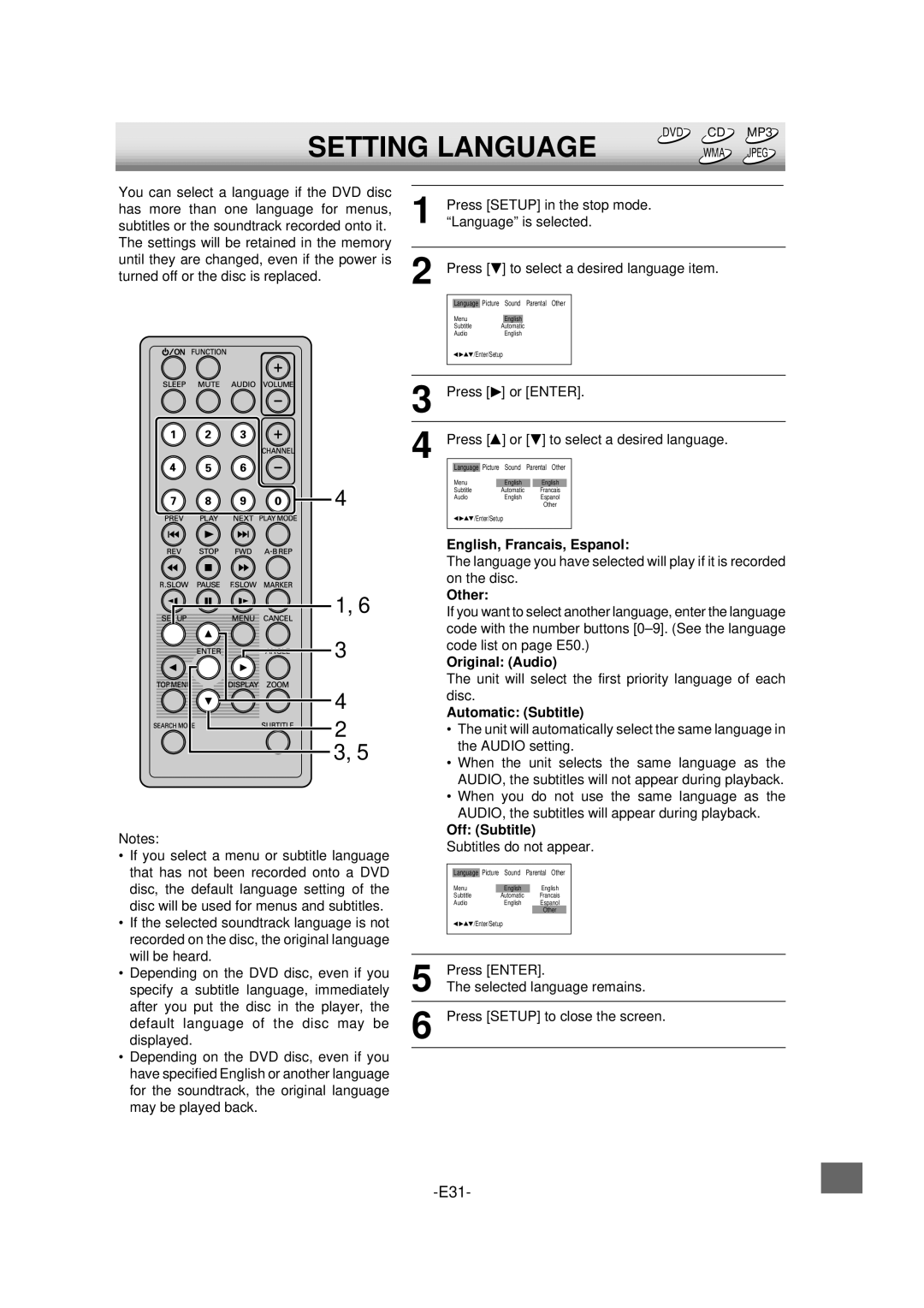 Sanyo DVD-L70 instruction manual Setting Language 