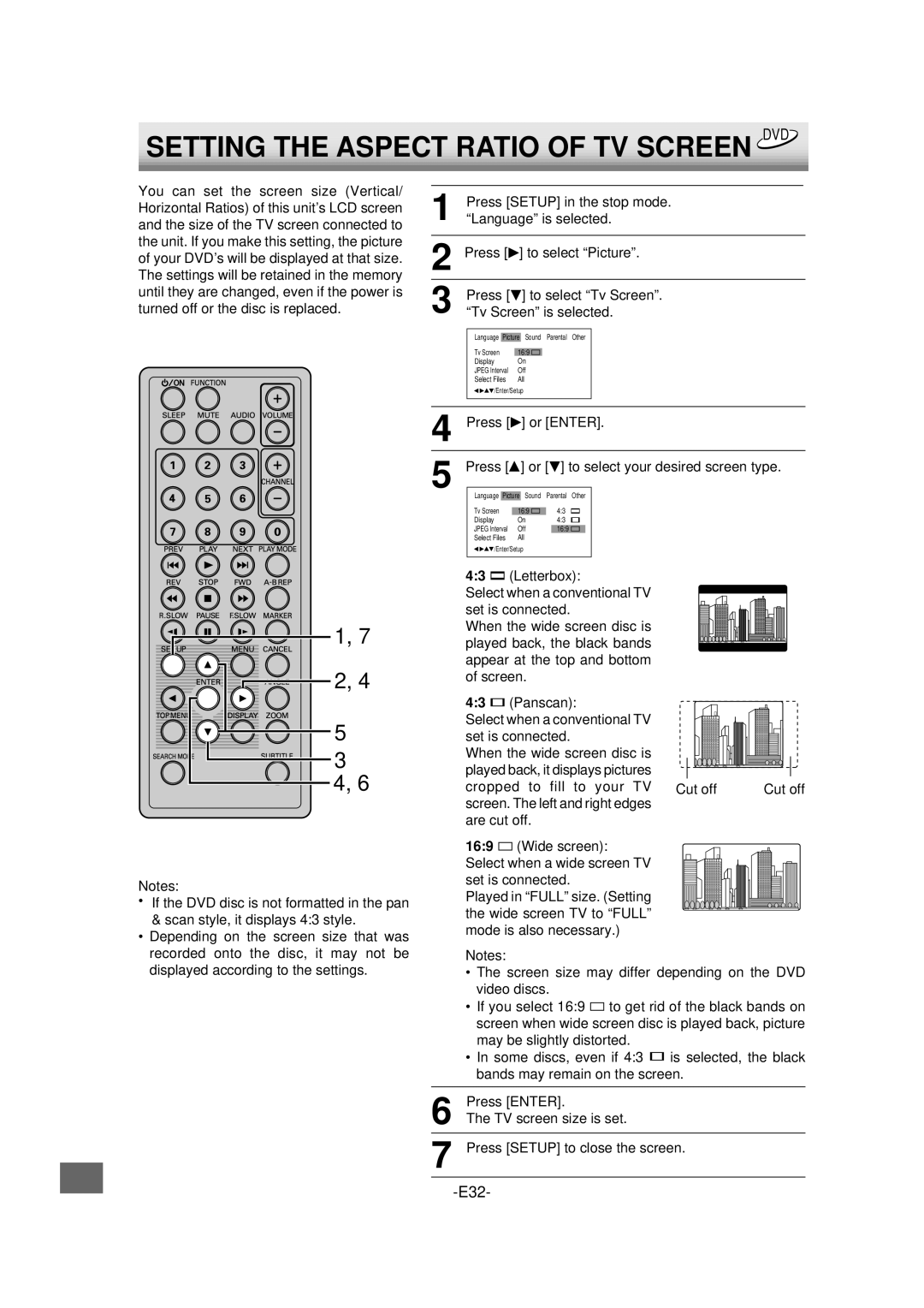 Sanyo DVD-L70 Setting the Aspect Ratio of TV Screen DVD, Press Or Enter Or to select your desired screen type 