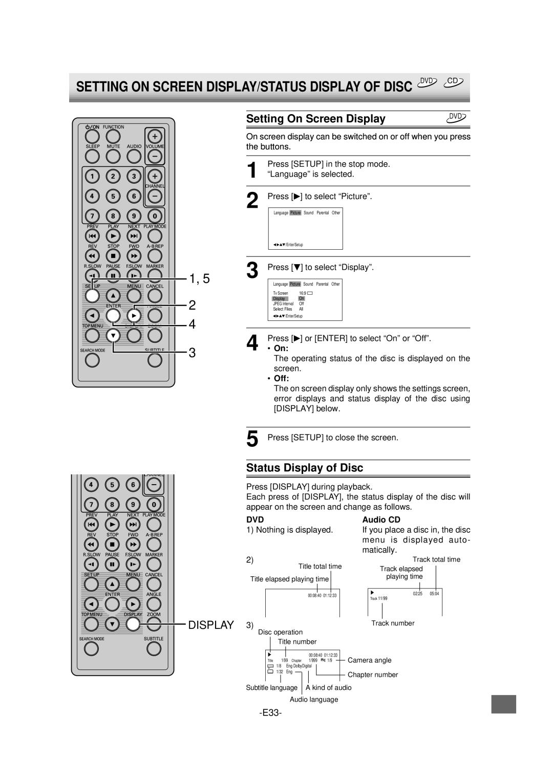 Sanyo DVD-L70 instruction manual Setting On Screen Display, Status Display of Disc, Off, Audio CD 