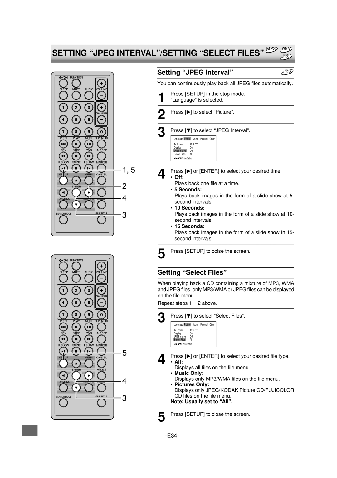 Sanyo DVD-L70 instruction manual Setting Jpeg Interval, Setting Select Files 