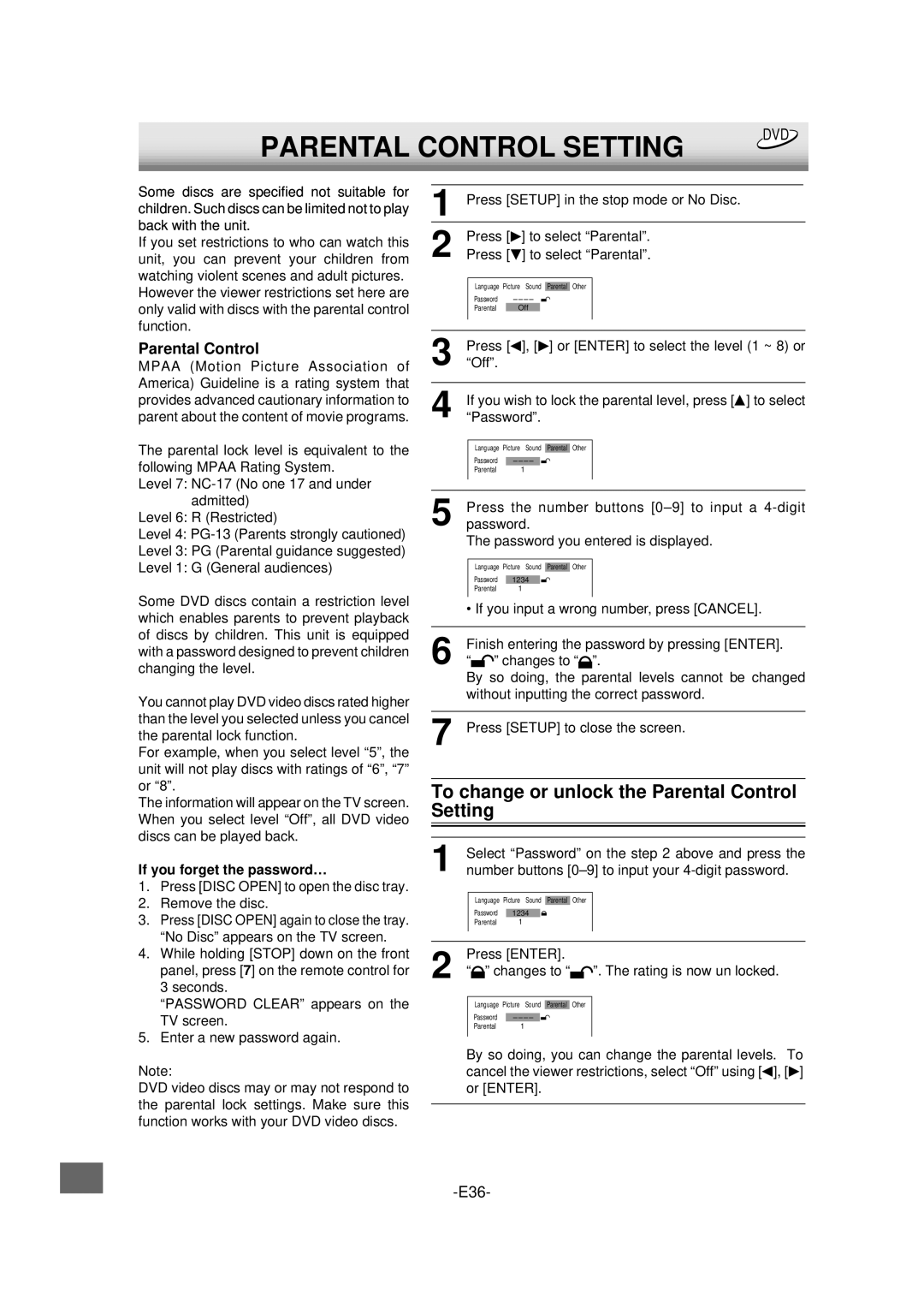 Sanyo DVD-L70 instruction manual To change or unlock the Parental Control Setting, If you forget the password… 