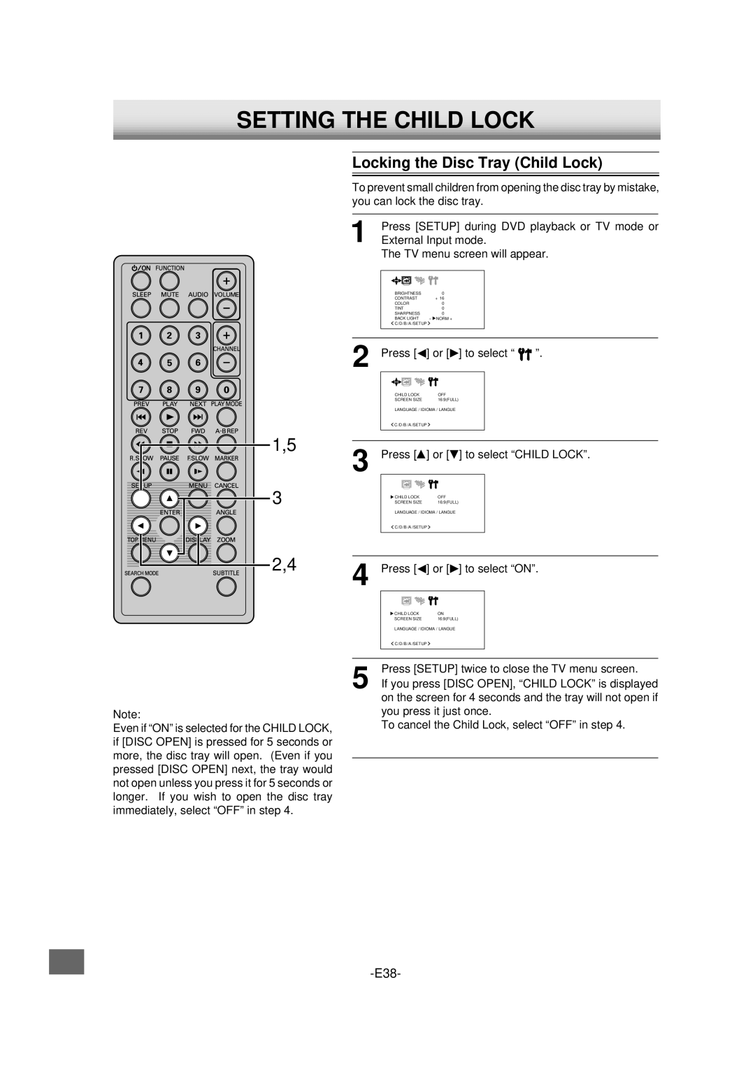 Sanyo DVD-L70 Setting the Child Lock, Locking the Disc Tray Child Lock, Press To select Child Lock, Press To select on 