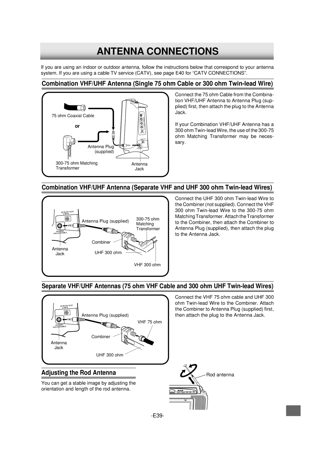 Sanyo DVD-L70 instruction manual Antenna Connections, Adjusting the Rod Antenna, Ohm Twin-lead Wire to the Combiner. Attach 