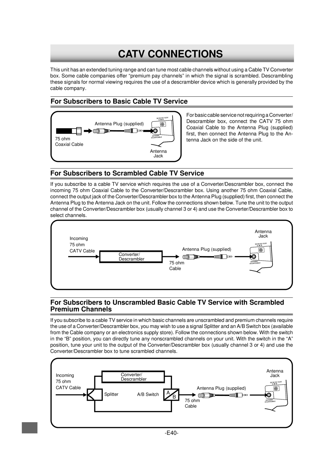 Sanyo DVD-L70 Catv Connections, For Subscribers to Basic Cable TV Service, For Subscribers to Scrambled Cable TV Service 