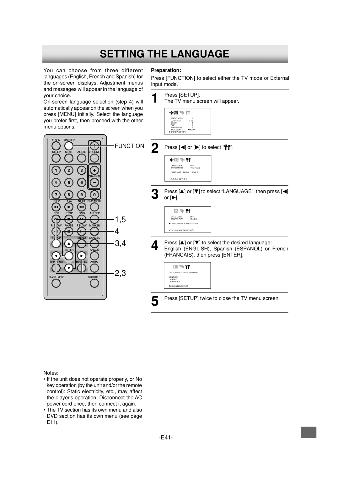 Sanyo DVD-L70 instruction manual Setting the Language, Function, Press To select LANGUAGE, then press 