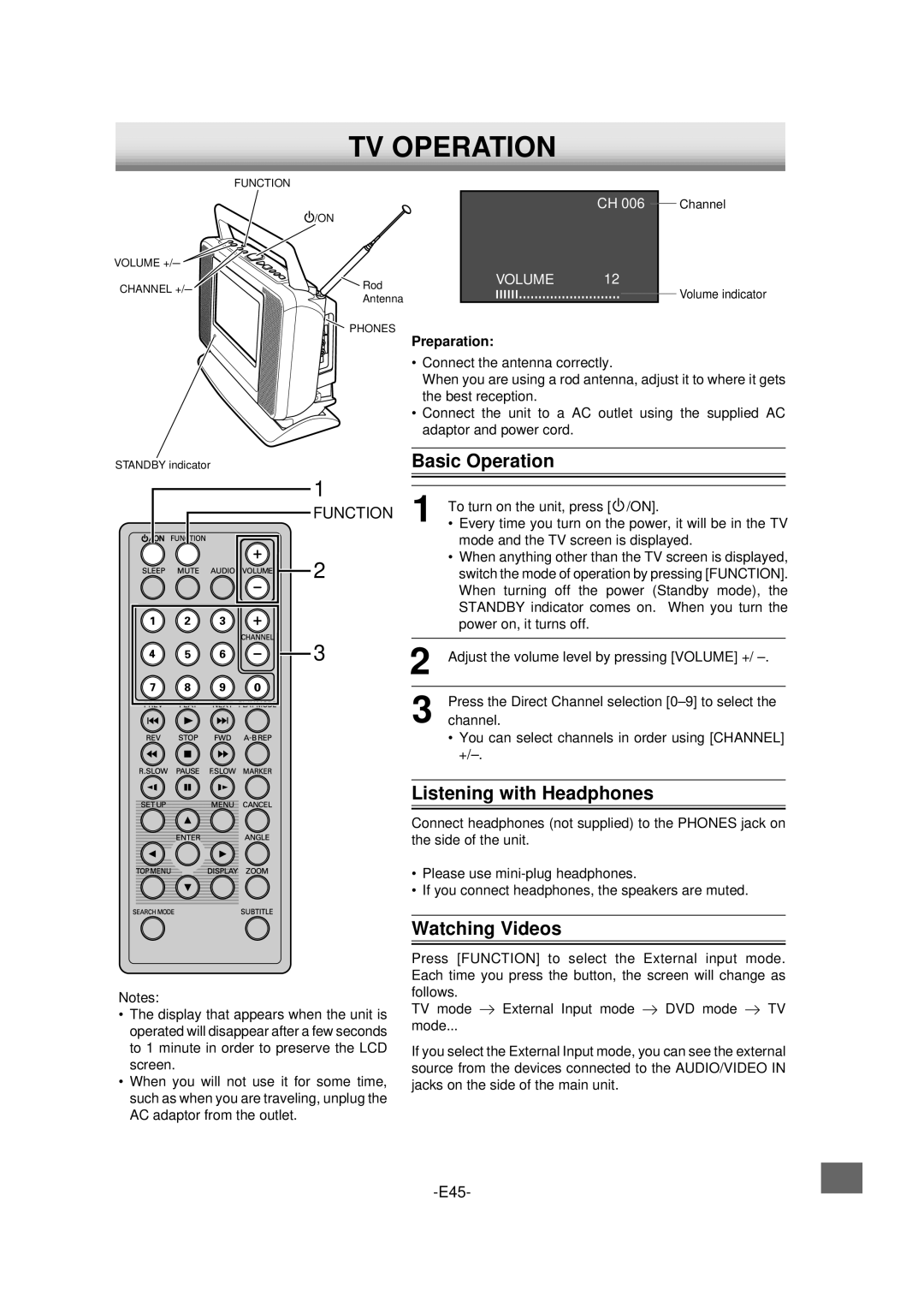 Sanyo DVD-L70 instruction manual TV Operation, Basic Operation, Listening with Headphones, Watching Videos 