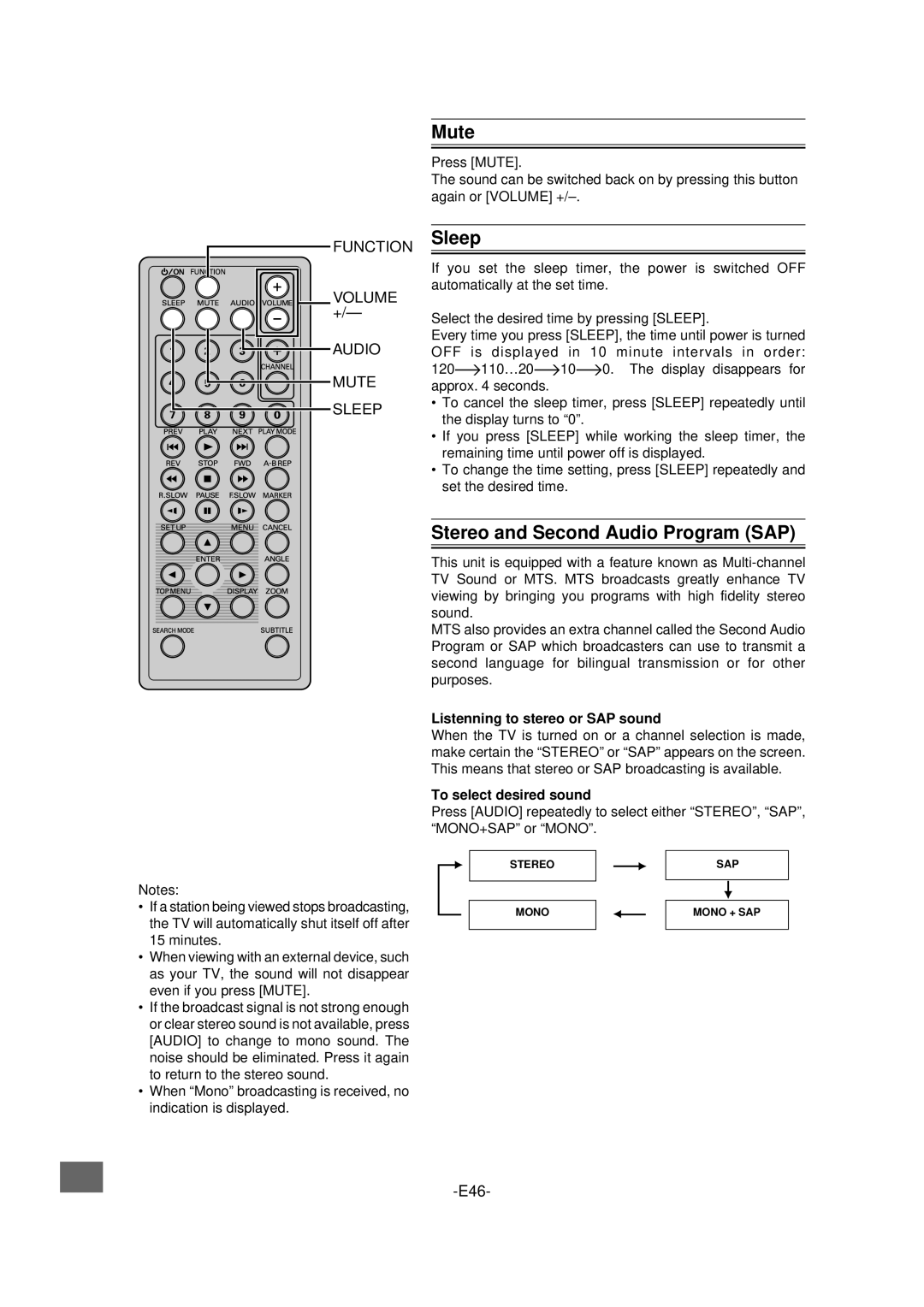 Sanyo DVD-L70 instruction manual Stereo and Second Audio Program SAP, Function Volume + Audio Mute Sleep 