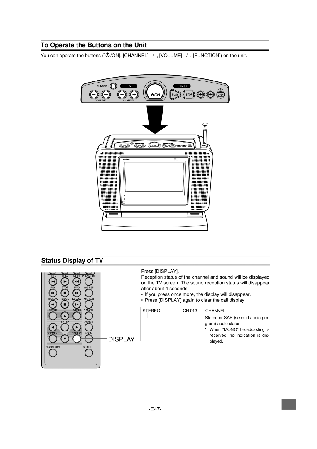 Sanyo DVD-L70 instruction manual To Operate the Buttons on the Unit, Status Display of TV 