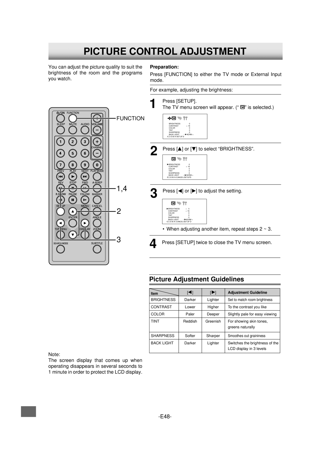 Sanyo DVD-L70 instruction manual Picture Control Adjustment, Picture Adjustment Guidelines, Press To select Brightness 