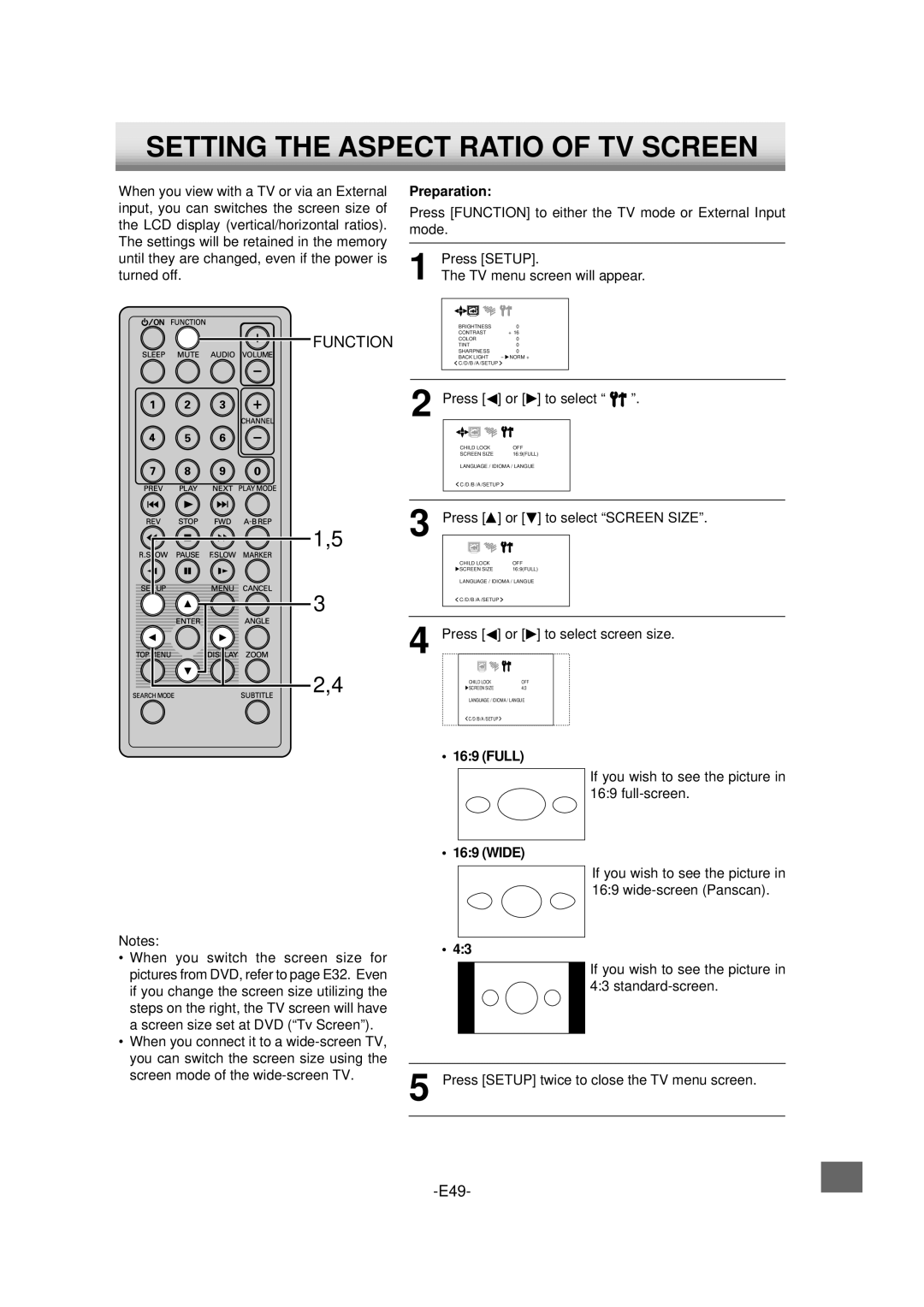 Sanyo DVD-L70 instruction manual Setting the Aspect Ratio of TV Screen, Full, Wide 