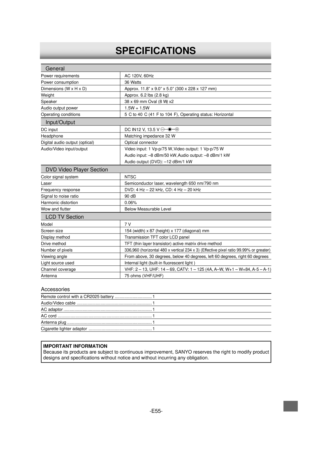 Sanyo DVD-L70 instruction manual Specifications, General 