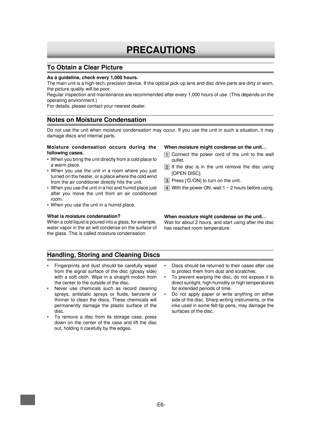 Sanyo DVD-L70 instruction manual Precautions, To Obtain a Clear Picture, Handling, Storing and Cleaning Discs 