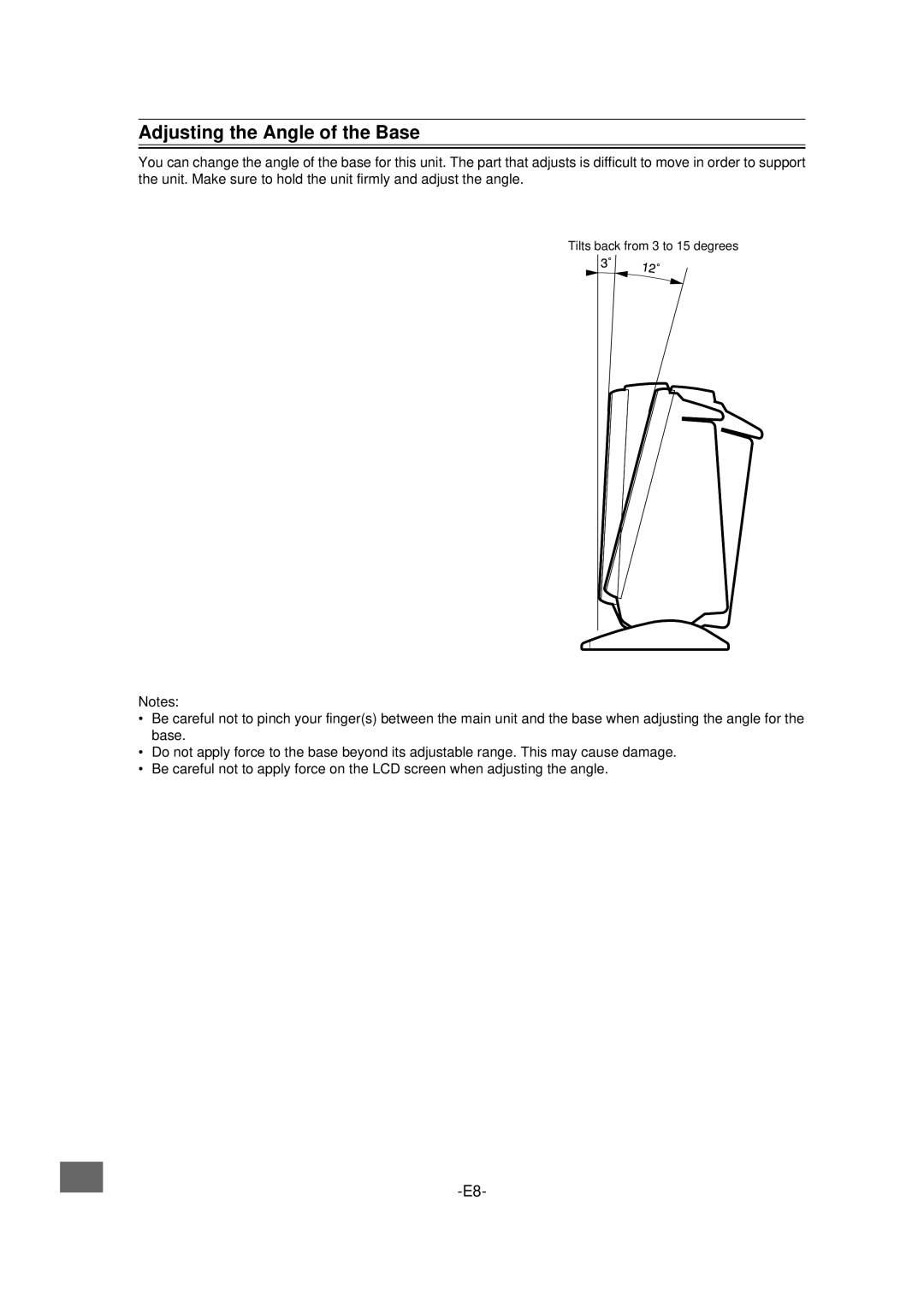 Sanyo DVD-L70 instruction manual Adjusting the Angle of the Base 