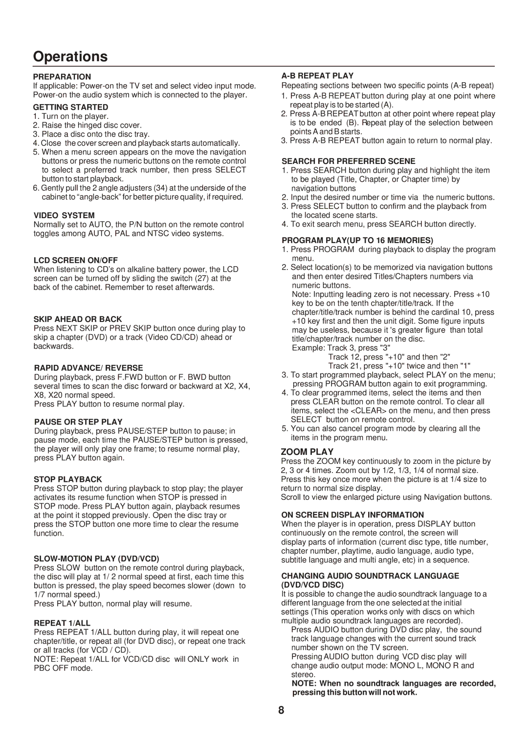 Sanyo DVD-L77 manual Operations 