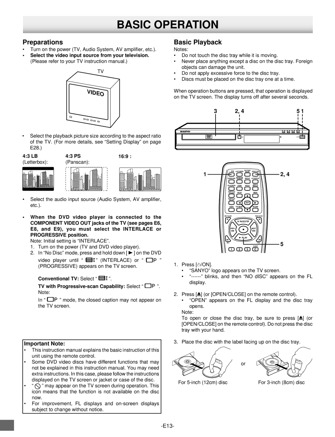 Sanyo DVD-SL25 Basic Operation, Preparations, Basic Playback, Important Note, 43 LB 43 PS 169 Letterbox Panscan 