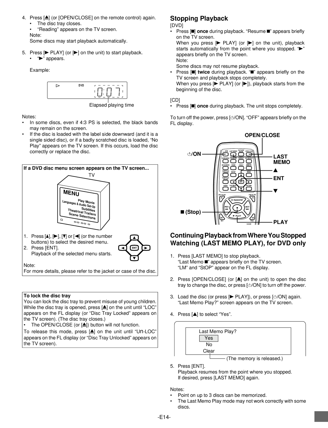 Sanyo DVD-SL25 Stopping Playback, If a DVD disc menu screen appears on the TV screen, To lock the disc tray, Dvd 