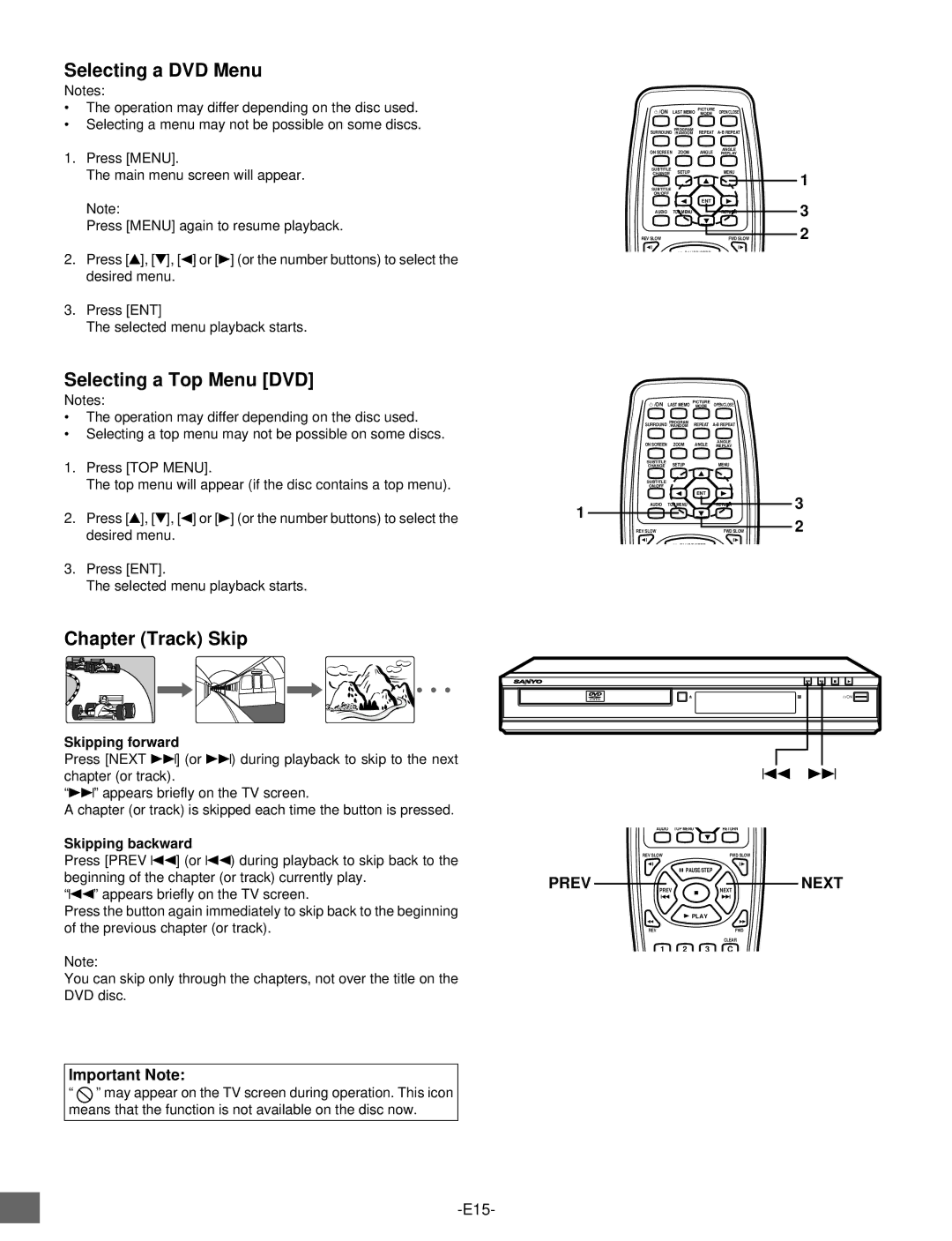 Sanyo DVD-SL25 Selecting a DVD Menu, Selecting a Top Menu DVD, Chapter Track Skip, Skipping forward, Skipping backward 