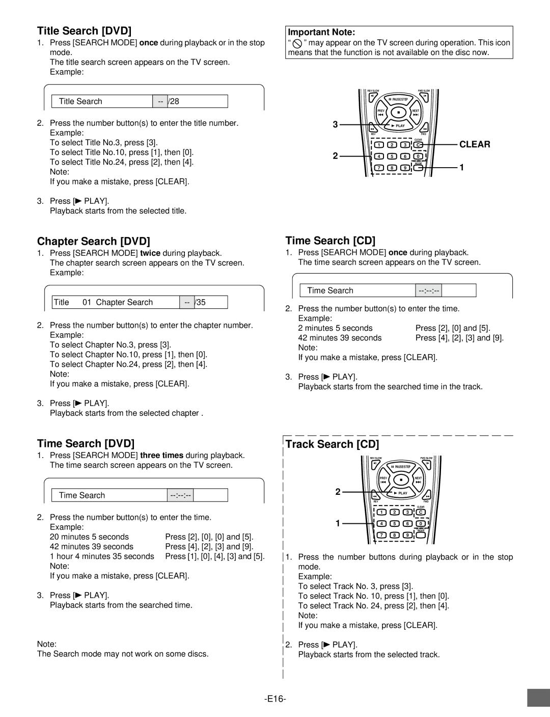 Sanyo DVD-SL25 instruction manual Title Search DVD, Chapter Search DVD, Time Search DVD, Time Search CD, Track Search CD 