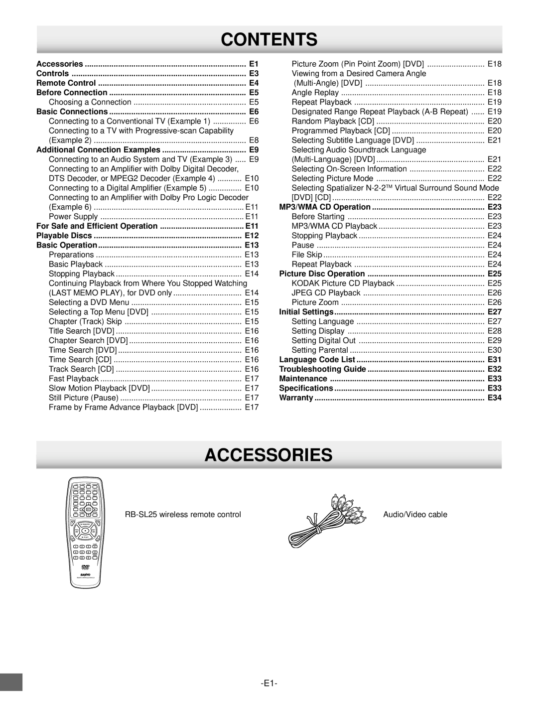 Sanyo DVD-SL25 instruction manual Contents, Accessories 