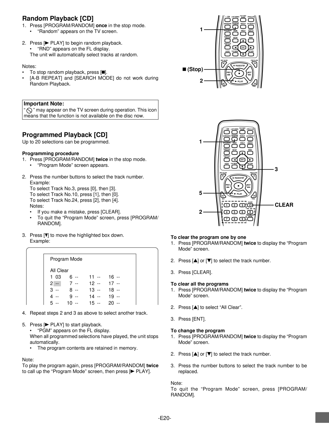 Sanyo DVD-SL25 instruction manual Random Playback CD, Programmed Playback CD 