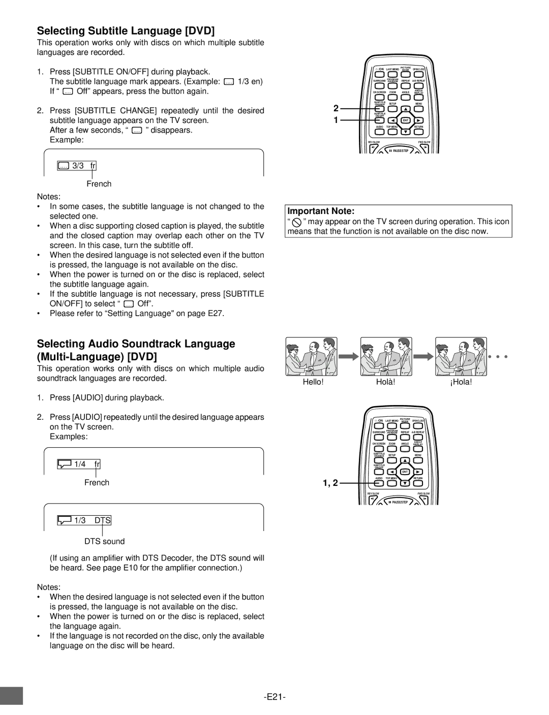 Sanyo DVD-SL25 instruction manual Selecting Subtitle Language DVD, Selecting Audio Soundtrack Language Multi-Language DVD 