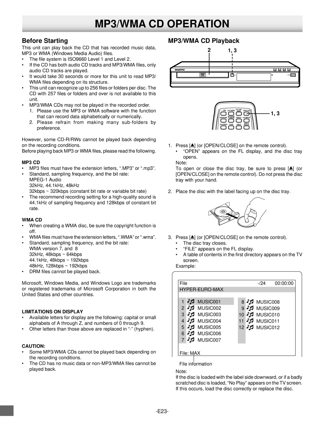 Sanyo DVD-SL25 MP3/WMA CD Operation, Before Starting, MP3/WMA CD Playback, 000000, File MAX File information 