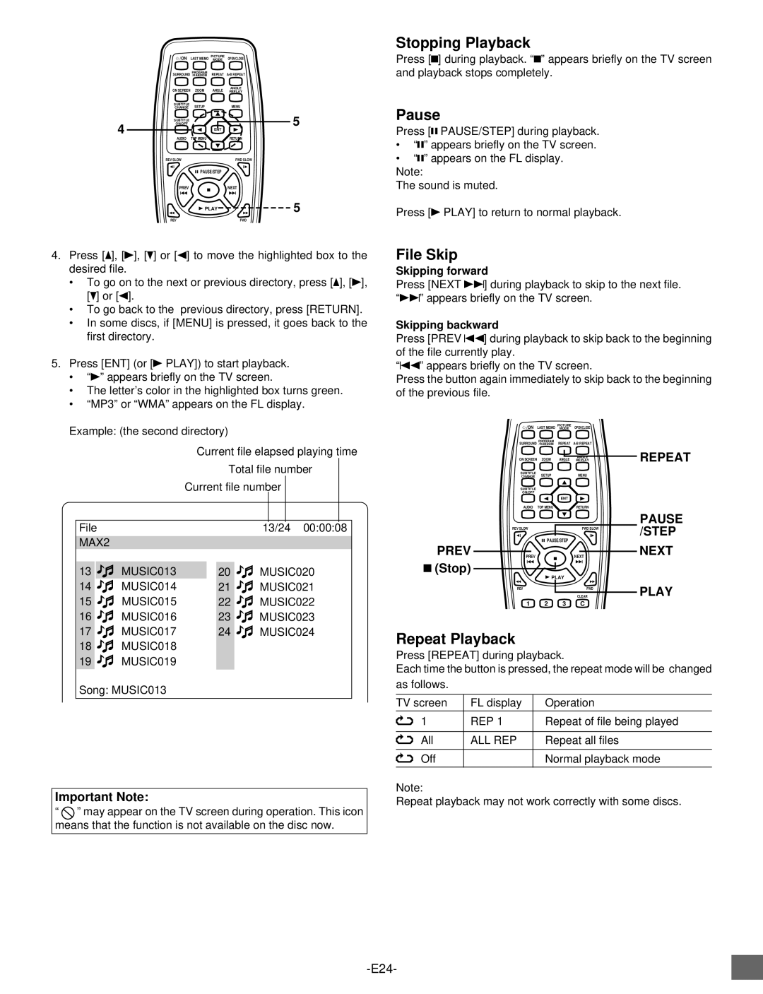 Sanyo DVD-SL25 instruction manual Pause, File Skip 