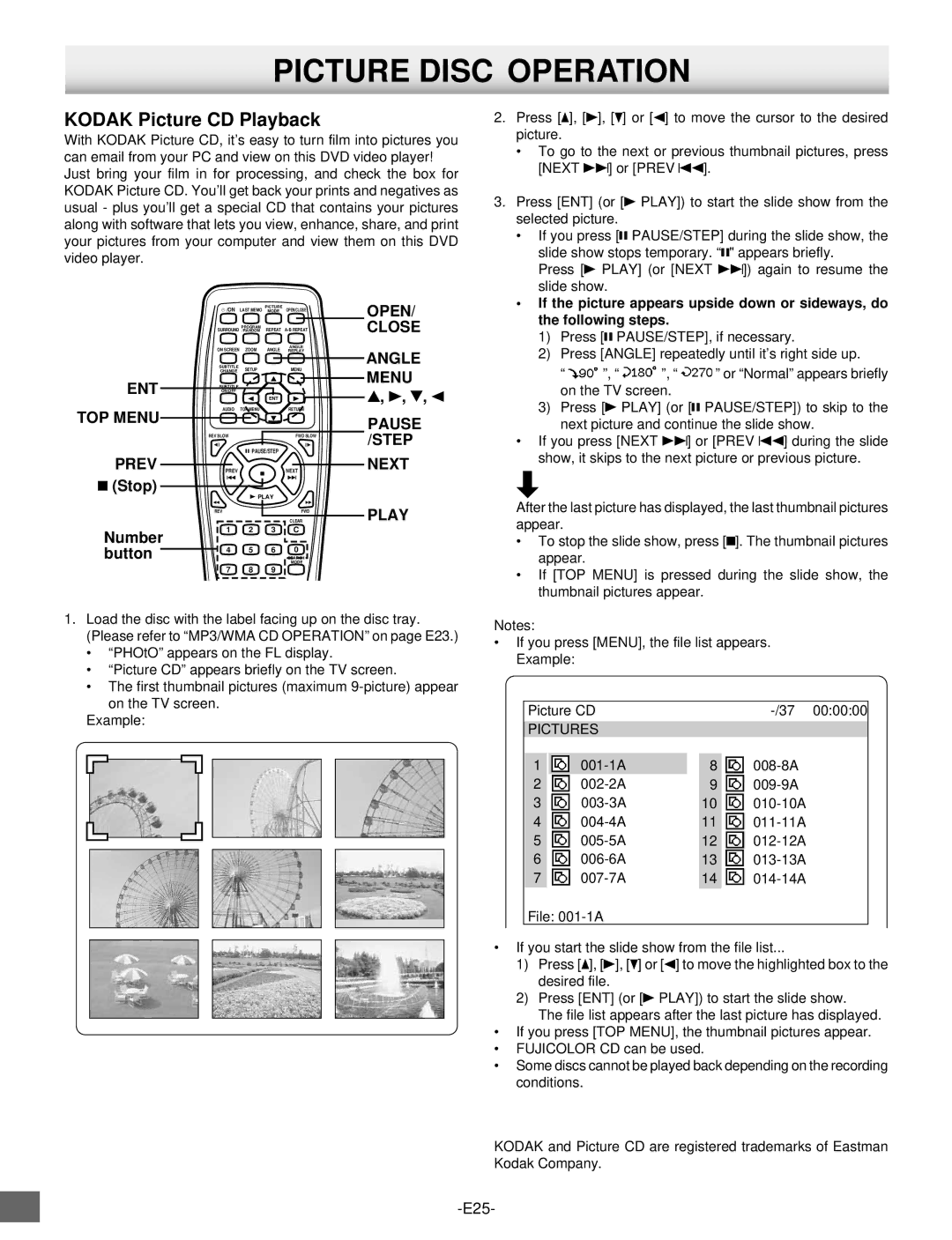 Sanyo DVD-SL25 instruction manual Picture Disc Operation, Kodak Picture CD Playback, Button4 5 6, Pictures 