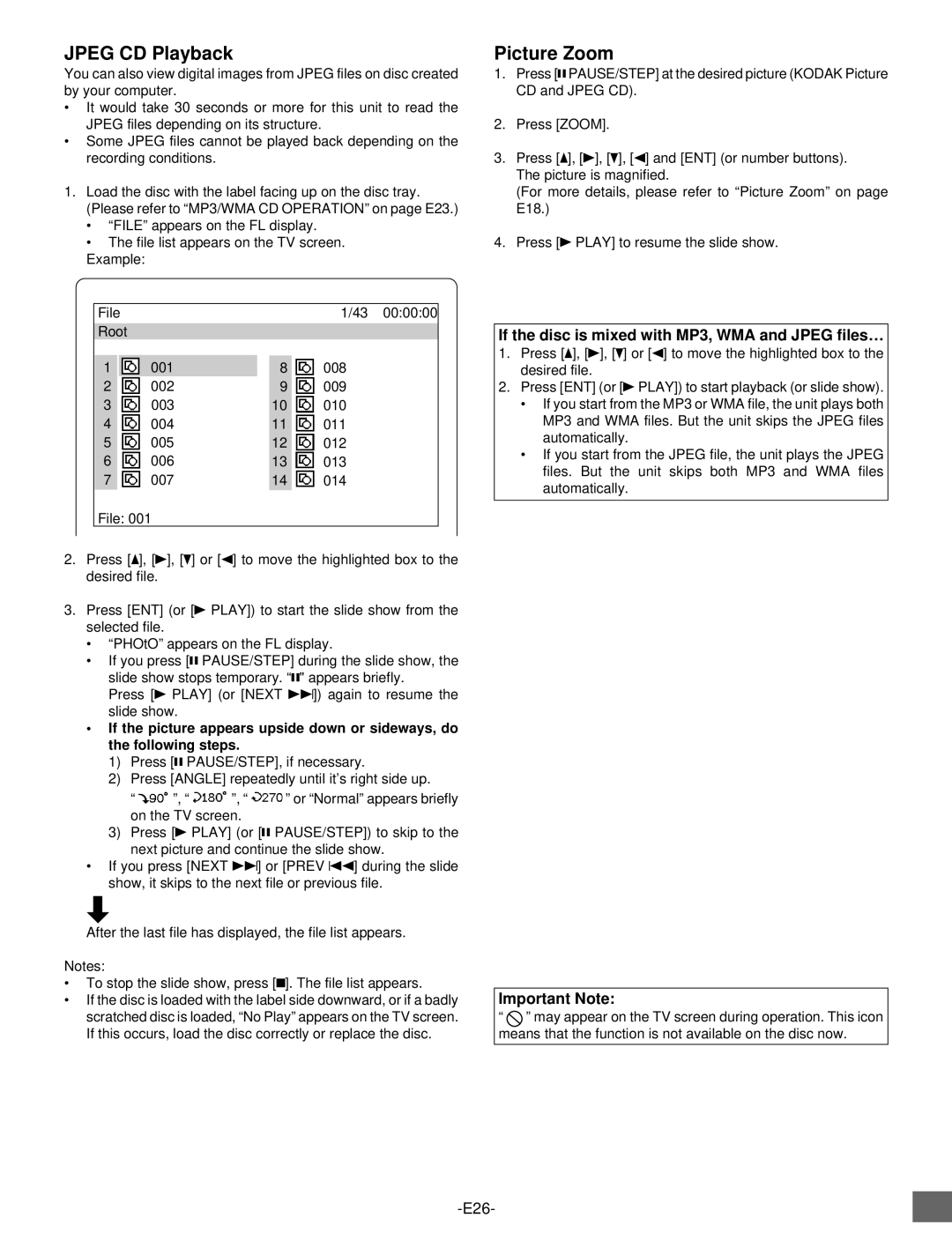 Sanyo DVD-SL25 instruction manual Jpeg CD Playback, Picture Zoom, If the disc is mixed with MP3, WMA and Jpeg files… 