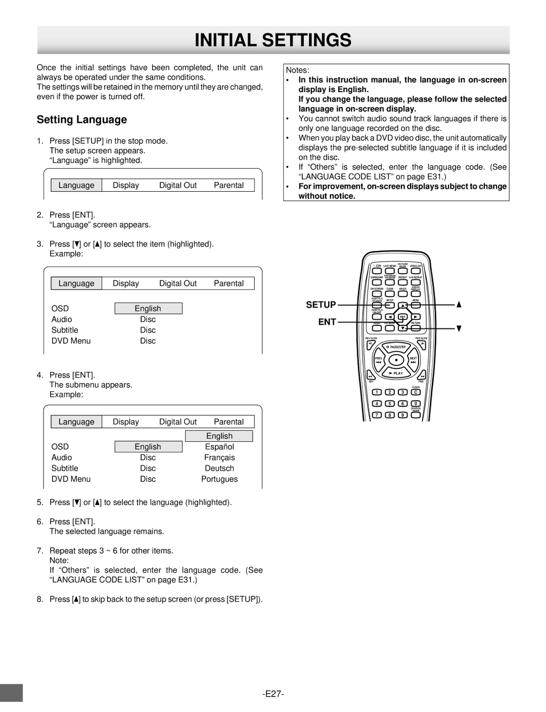 Sanyo DVD-SL25 instruction manual Initial Settings, Setting Language, Osd 