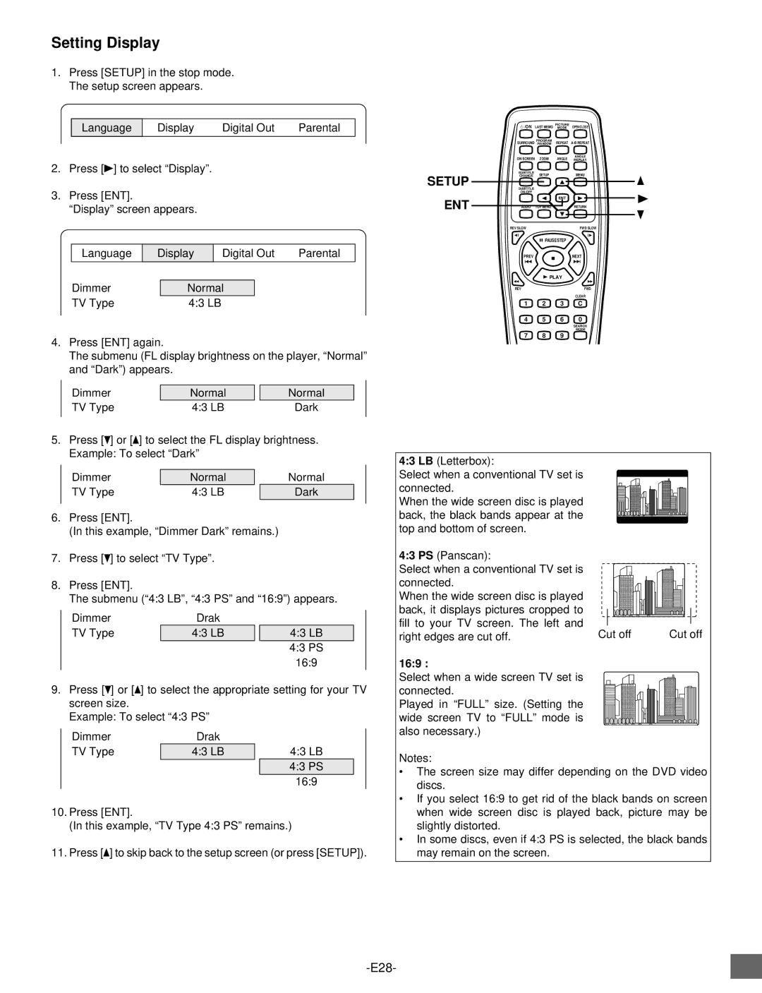 Sanyo DVD-SL25 instruction manual Setting Display, 169 