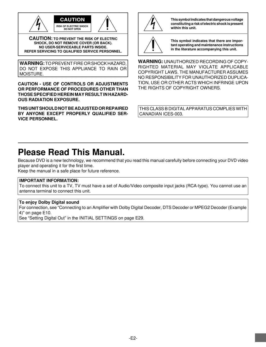 Sanyo DVD-SL25 instruction manual Please Read This Manual, To enjoy Dolby Digital sound 