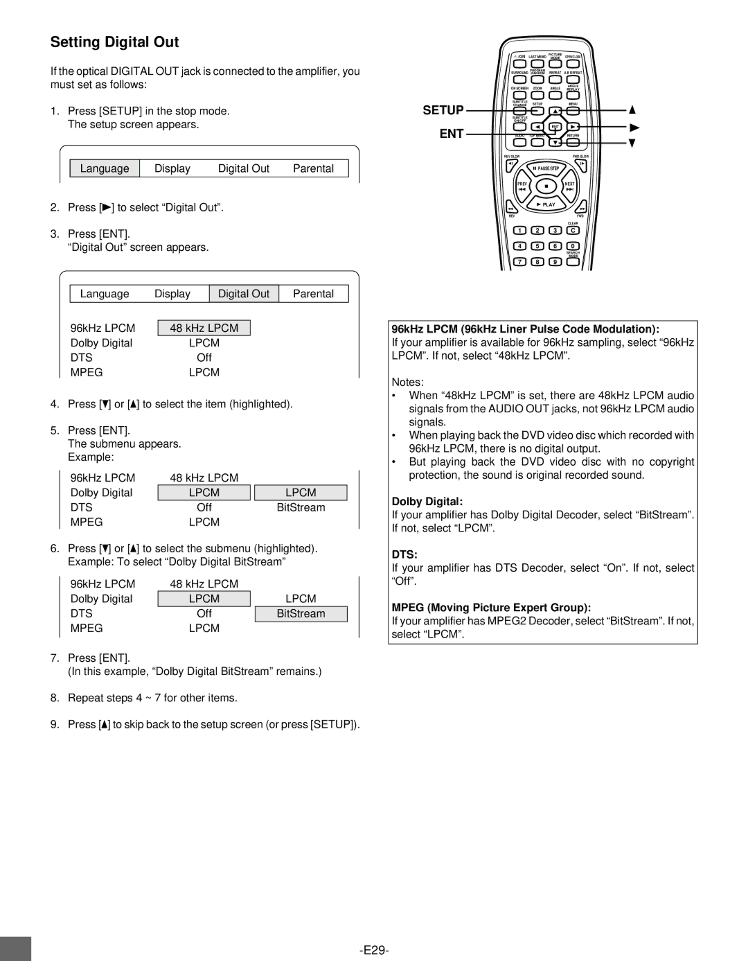 Sanyo DVD-SL25 instruction manual Setting Digital Out, 96kHz Lpcm 96kHz Liner Pulse Code Modulation, Dolby Digital 