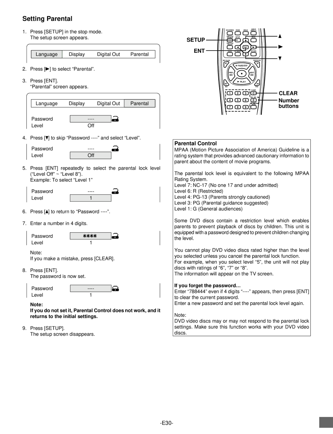 Sanyo DVD-SL25 instruction manual Setting Parental, Buttons, Parental Control, Press Setup Setup screen disappears 