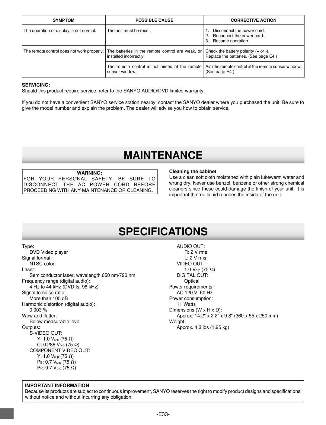 Sanyo DVD-SL25 instruction manual Maintenance, Specifications, Cleaning the cabinet 