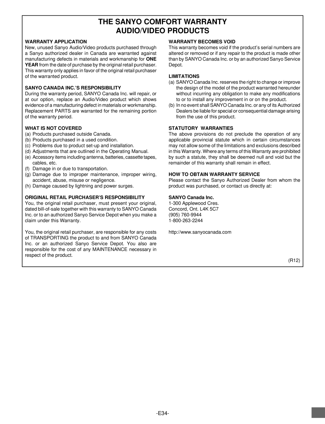 Sanyo DVD-SL25 instruction manual Sanyo Canada Inc, Applewood Cres Concord, Ont. L4K 5C7 905 R12 