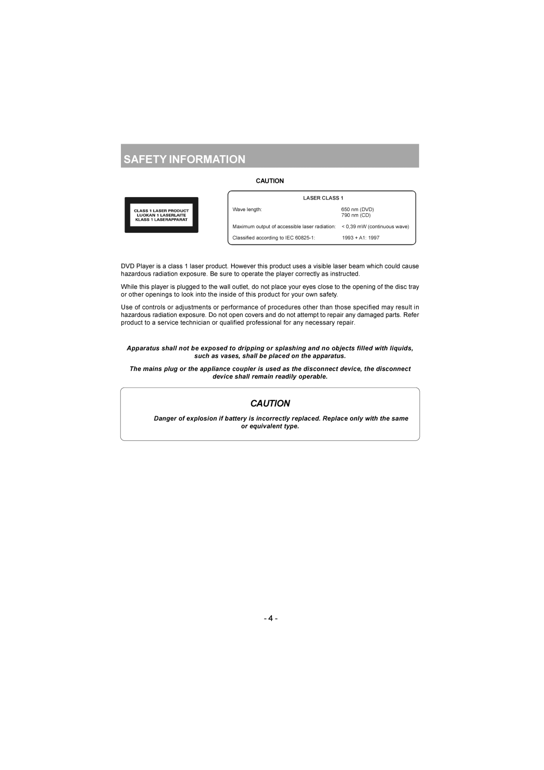 Sanyo DVD-SX25 manual Safety Information 