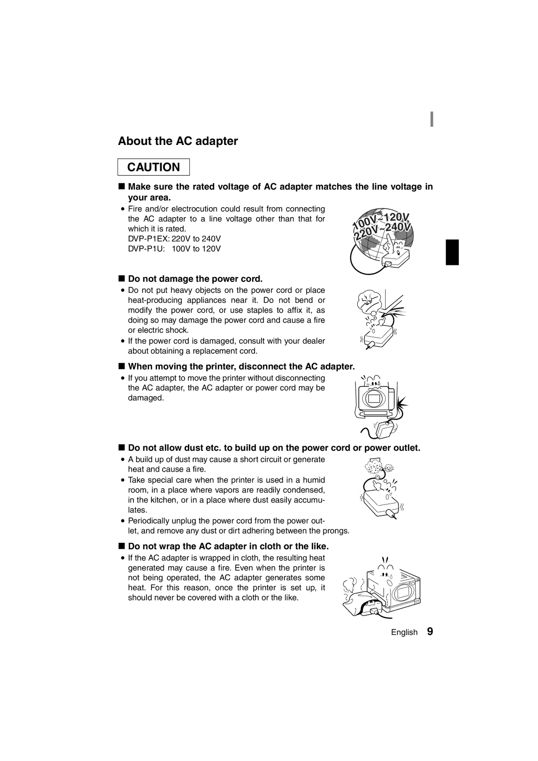 Sanyo DVP-P1U About the AC adapter, KDo not damage the power cord, KWhen moving the printer, disconnect the AC adapter 