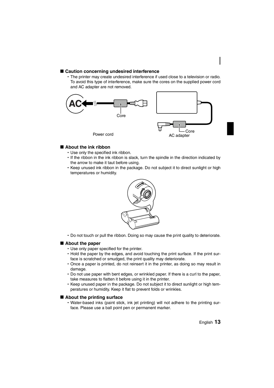 Sanyo DVP-P1U manual KCaution concerning undesired interference, KAbout the ink ribbon, KAbout the paper 