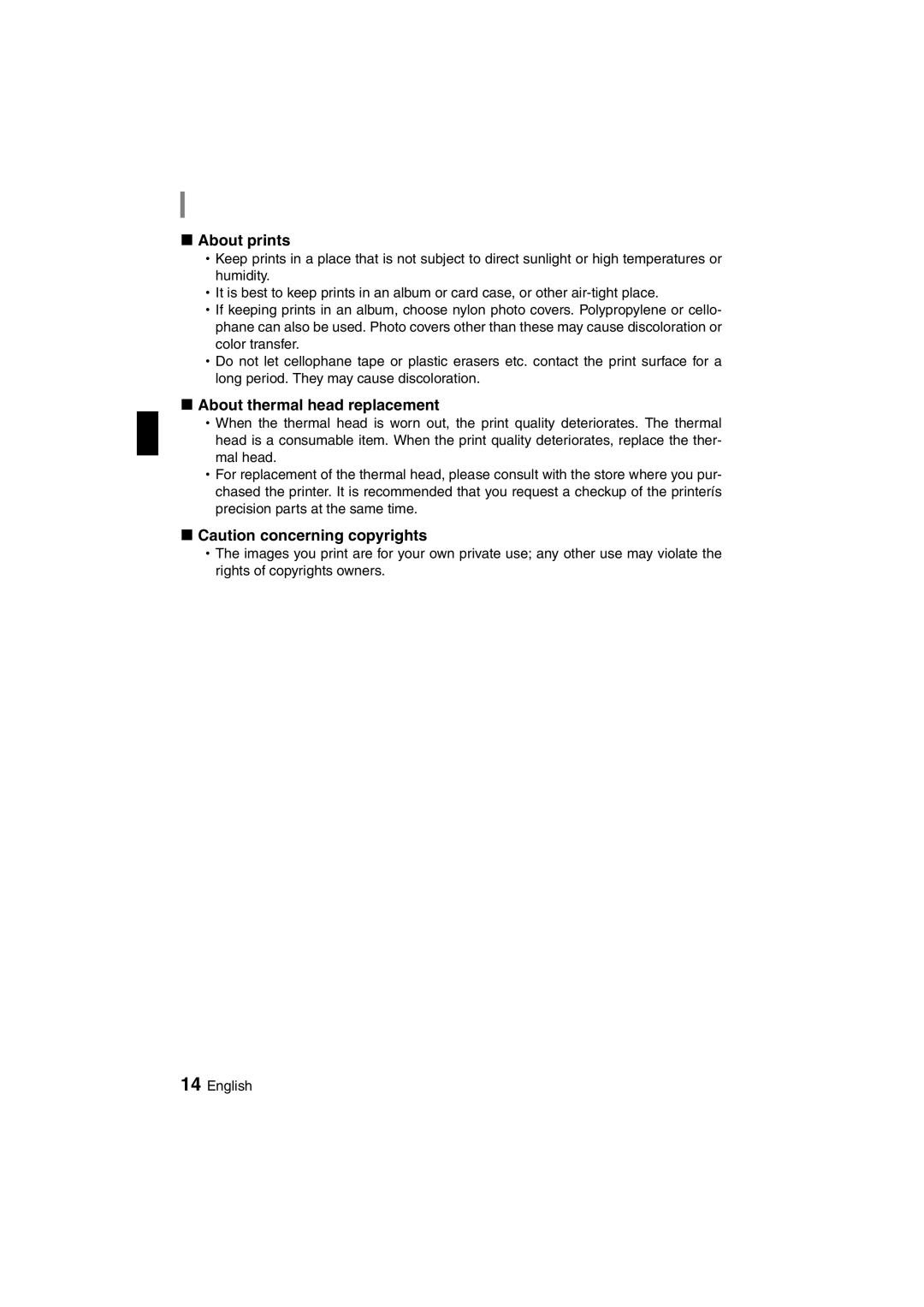 Sanyo DVP-P1U manual KAbout prints, KAbout thermal head replacement, KCaution concerning copyrights 