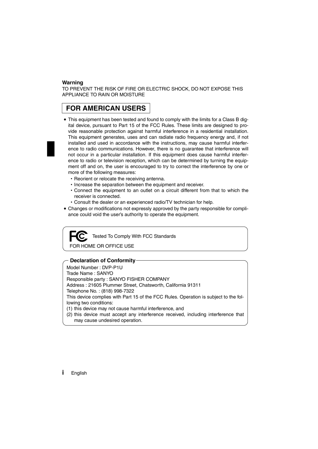 Sanyo DVP-P1U manual For American Users, Declaration of Conformity 