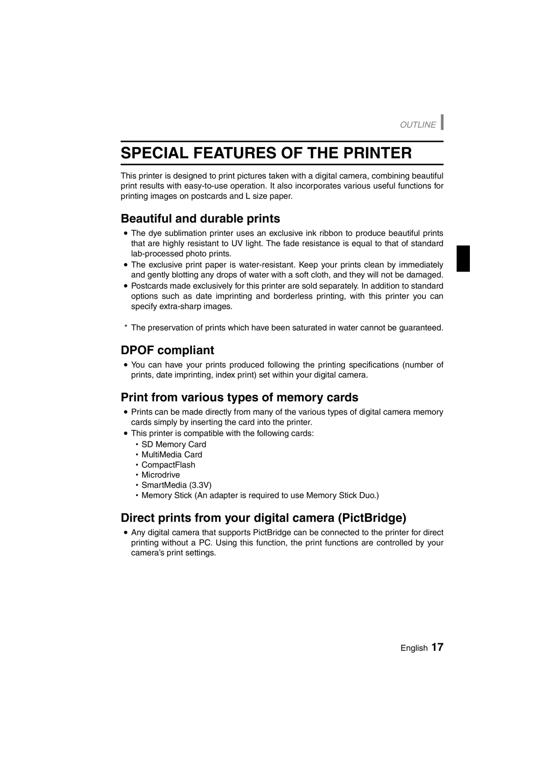 Sanyo DVP-P1U manual Special Features of the Printer, Beautiful and durable prints, Dpof compliant 