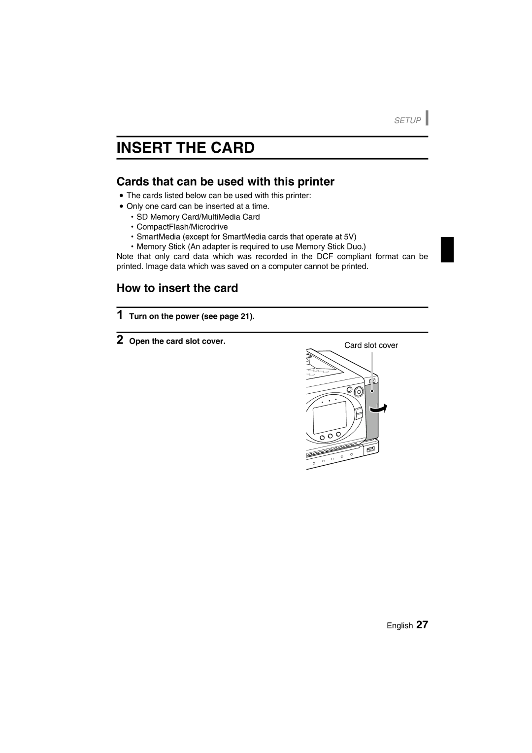 Sanyo DVP-P1U manual Insert the Card, Cards that can be used with this printer, How to insert the card 