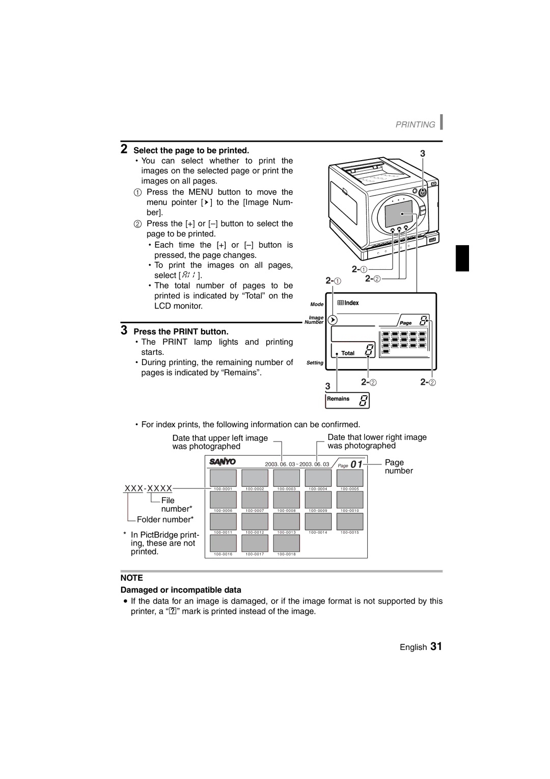 Sanyo DVP-P1U manual 12-2, 22-2, Select the page to be printed, Press the Print button, Damaged or incompatible data 